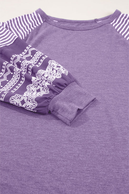 Contrast Print Striped Raglan Crew Neck Loose Long Sleeve Top